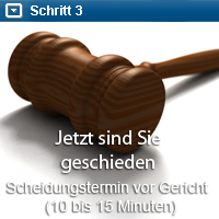 3.Schritt: Scheidungstermin vor Gericht.( Dauer 10-15 Minuten). Jetzt sind Sie geschieden.